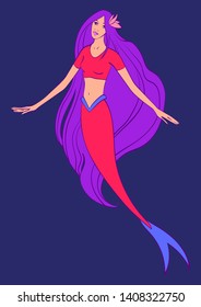 Beautiful mermaid with flower in flowing hair. Vector cartoon magic young girl undersea illustration, fantastic creature isolated on blue background.