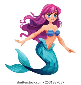 Beautiful mermaid with friendly pose. Vector cartoon character illustration