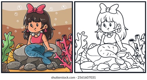 Beautiful mermaid girl coloring page vector illustration