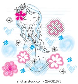 beautiful mermaid girl with flowers, T-shirt design vector illustration