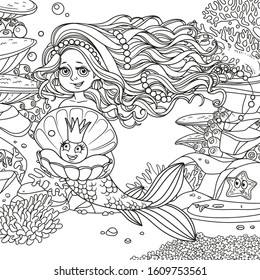 Beautiful mermaid girl holding a pearl in shell on underwater world with corals, fishes, cute starfish and anemones background outlined