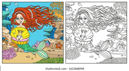 Beautiful mermaid girl holding a pearl in shell on underwater world with corals, fishes, cute starfish and anemones background color and outlined