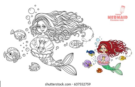 Beautiful mermaid girl holding a pearl in a shell coloring page on a white background