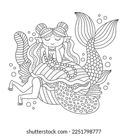 Beautiful mermaid girl and human boy in the trap. Danger shell. Underwater animals. Sea nature. Fairy tale creature. Humor. Funny coloring page. Cartoon vector illustration. Outlined art. Isolated