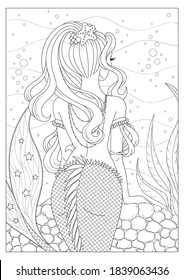 Beautiful mermaid girl line art isolated on white background, vector illustration for anti stress coloring book