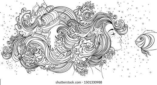 Beautiful mermaid girl with magic hair with ship, starfish, bottle. Profile of ocean siren. Vector illustration isolated on white. Sea, fantasy, mythology, tattoo, coloring book. Hand drawn artwork.