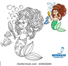 Beautiful mermaid girl pretties herself in front of a hand mirror coloring page on a white background