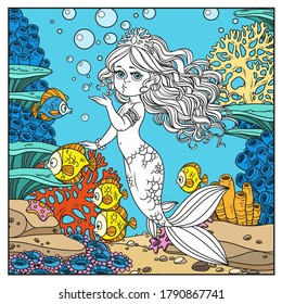 Beautiful mermaid girl sends an kiss underwater world with corals and fishes page for coloring
