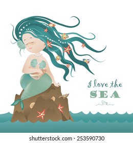 Beautiful mermaid girl sitting on the rock.Vector illustration