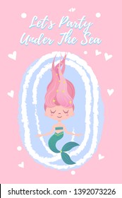 Beautiful mermaid girl vector design with phrase let`s party under the sea