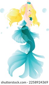 The beautiful mermaid with golden hair combs it with a comb