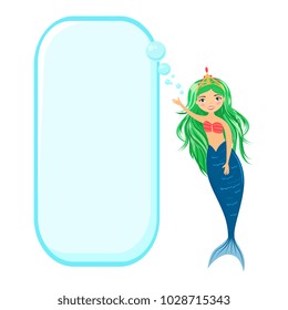 Beautiful mermaid with green hair with speech bubble isolated on white. Fairytale mermaid with empty spech bubble
