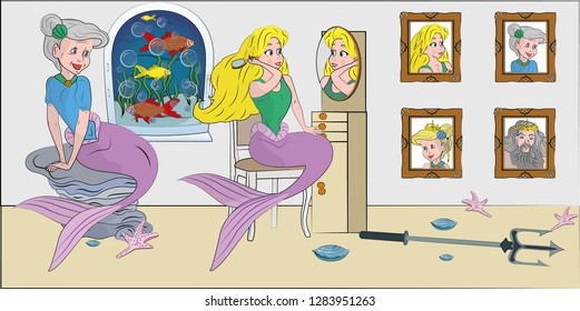 Beautiful mermaid and her grandmother - Vector illustration of a mermaid