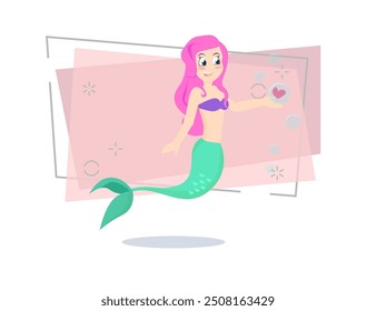 Hermosa sirena sosteniendo el corazón dentro de la burbuja. Personaje de dibujos animados, chica, mujer. Concepto del día de San Valentín. Puede ser utilizado para temas como citas, amor, romance