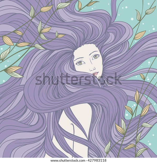 Beautiful Mermaid Lilac Streaming Hair Hand Stock Vector Royalty