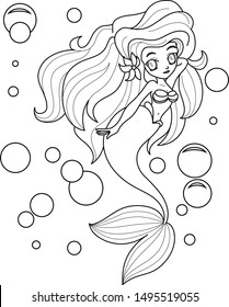 Beautiful mermaid line art for coloring page  Vector cartoon magic young girl undersea illustration  fantastic creature isolated white background for coloring book 