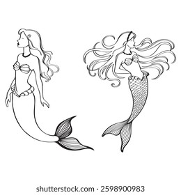 Beautiful mermaid line illustration set. Coloring sheet. Black and white.