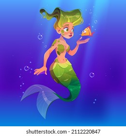 Beautiful mermaid with little fish underwater in sea. Vector cartoon illustration of cute girl fish character with green hair and tail with scale in ocean water with bubbles