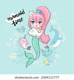 Hermosa sirena y pequeñas ballenas unicornios al estilo anime. Ilustración vectorial en un fondo azul. Imprimir para camisetas para niños