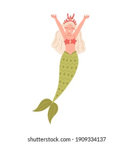 Beautiful mermaid with long blonde hair and fish tail. Cute underwater fairy princess in starfish bra and coral crown with hands raised up. Color flat vector illustration isolated on white background