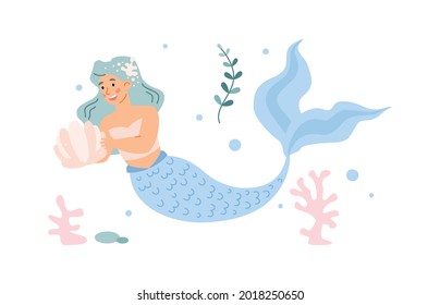 Beautiful mermaid with long blue hair and blue fish tail smiles, swims in sea and looks at seashell. Pretty underwater girl with mermaid tail. Colored flat vector illustration on white background.