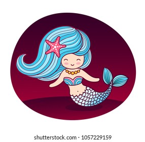 Beautiful mermaid with long blue wavy hair and starfish in hair. Vector round flat illustration.