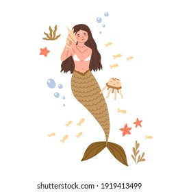 Beautiful mermaid with long hair and fish tail listening to music with seashell. Cute underwater fairy princess in shell bra. Colored flat cartoon vector illustration isolated on white background