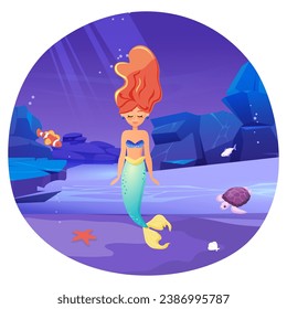 Beautiful mermaid with long hair and fish tail. Cute underwater princess in shell bra. Colored cartoon vector illustration