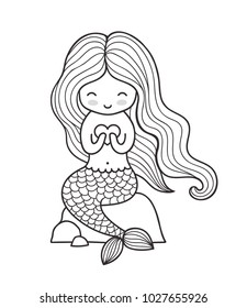 Beautiful mermaid with long hair, sitting ona a rock. Siren. Vector outline illustration for coloring book.