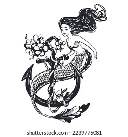 Beautiful Mermaid with long hair and tail. Underwater cute girl with an anchor, rope, flowers. Hand drawn line art, graphic sketch, vintage tattoo, coloring book page design.