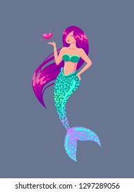 Beautiful mermaid with long pink hair blows a kiss.