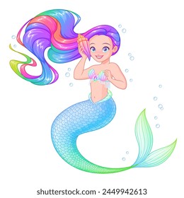 Beautiful mermaid with long rainbow hair holding a seashell. Hand drawn isolated vector illustration not AI.