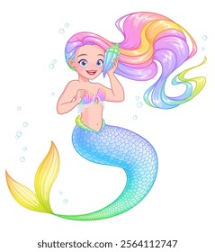 Beautiful mermaid with long rainbow hair holding a seashell. Cartoon vector illustration isolated on white background.