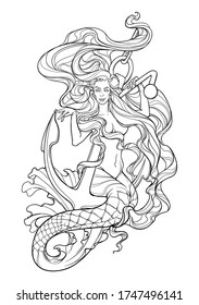 Beautiful mermaid with long wavy hair sitting on anchor. Intricate black line drawing isolated on white background. EPS10 vector illustration