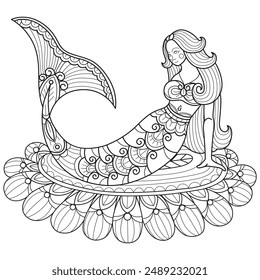 Beautiful mermaid on flower hand drawn for adult coloring book