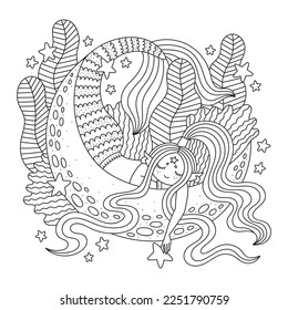 Beautiful mermaid on the moon. Cute fairy tale character. Mythology underwater creature. Adorable coloring page for kids and adults. Cartoon vector illustration. Outlined hand drawn artwork. Isolated
