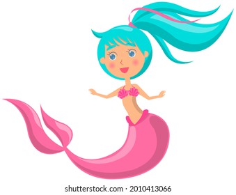 Beautiful mermaid on white background. Girl with fish tail. Water nymph, cute nixie. Cartoon nautical character lives in ocean. Sea dweller, seamaid fairy woman. Underwater animal life