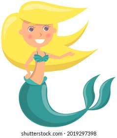 Beautiful mermaid on white background. Girl with fish tail. Water nymph, cute nixie. Cartoon nautical character lives in ocean. Sea dweller, seamaid fairy woman. Underwater animal life