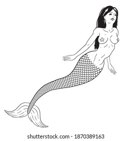 Beautiful mermaid outline vector hand drawn illustration