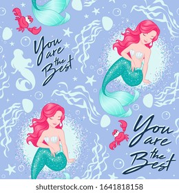 Beautiful mermaid pattern on lilac background. Design for kids. Fashion illustration drawing in modern style for clothes or fabric. Summer print.