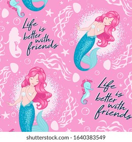 Beautiful mermaid pattern on pink  background. Design for kids. Fashion illustration drawing in modern style for clothes or fabric. Summer pattern.
