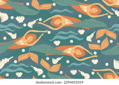 Beautiful Mermaid , pearls and shells in the sea. Stylish, fashionable seamless vector pattern for design and decoration.