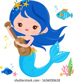 Beautiful mermaid playing music with her guitar. Vector illustration