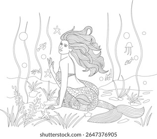 Beautiful Mermaid Princess Sitting on the Ocean Floor with Fish, Starfish, and Seaweed, Adult and Kids Coloring Book Page, Black and White Line Art Illustration, Fantasy Underwater Scene