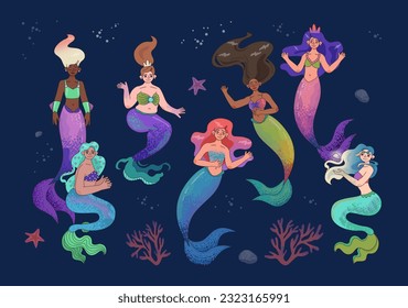 Beautiful mermaid princesses. Diverse magical characters with colorful hair and tails. Underwater fairy creatures living in the ocean. Fantasy world with marine seaweed. Flat vector illustration