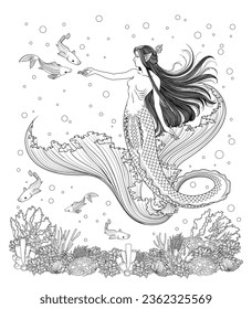 
beautiful mermaid queen doodle coloring line art