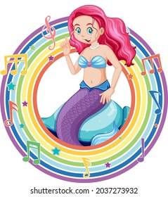 Beautiful mermaid in rainbow round frame with melody symbol illustration