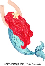Beautiful mermaid with red hair on a white background. Hand-drawn watercolor illustration