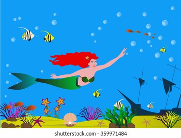 Beautiful mermaid with red hair in the sea bottom with shells, algae, fish and sandy bottom 