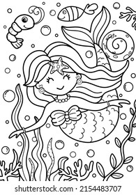 Beautiful Mermaid Sea Animals Coloring Page Stock Vector (Royalty Free ...